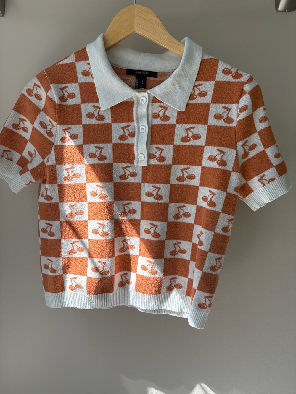 FOREVER 21 Cherry-Print Knit Polo Top Pop Art 70s 80s Aesthetic Size Youth L